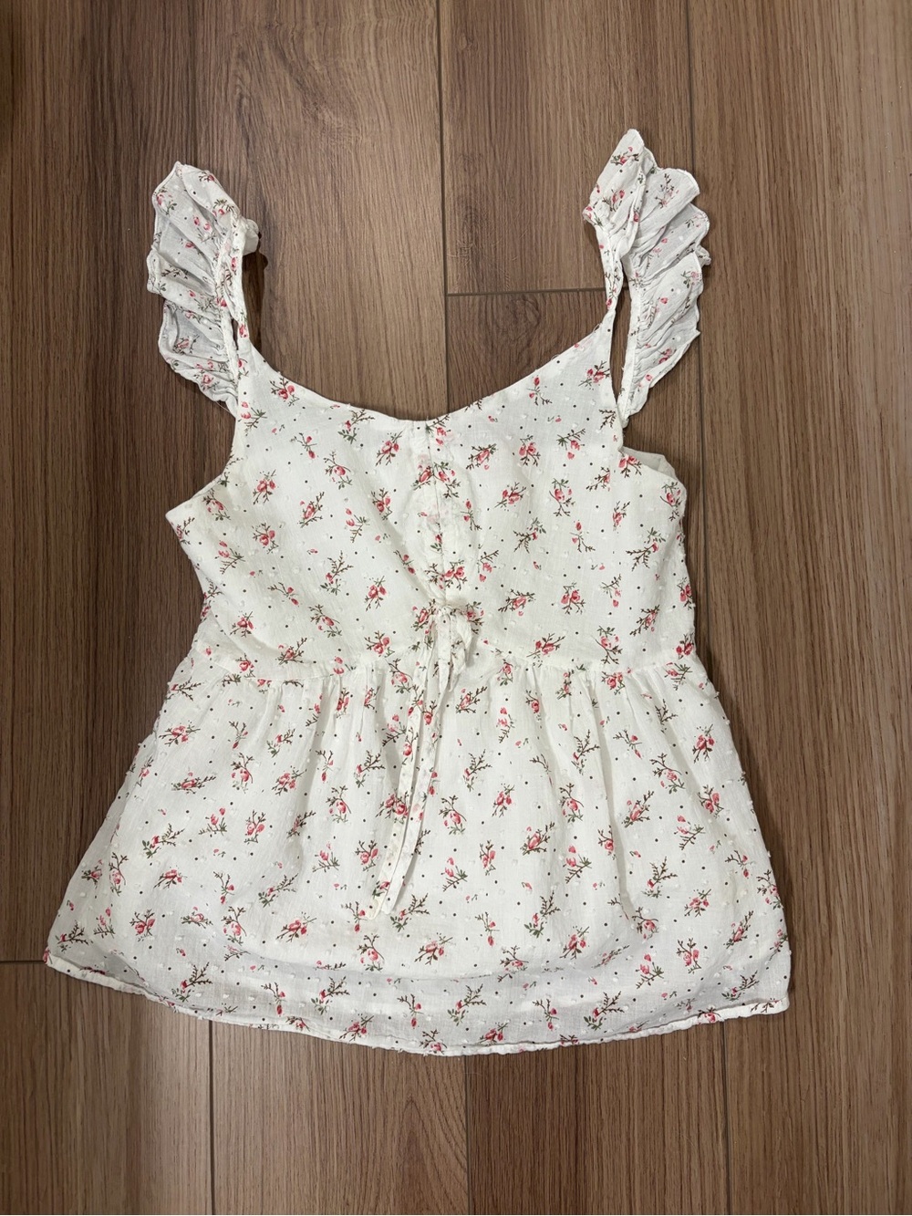 Pink Lily Ruffle Strap Tank Top - White with Pink Floral